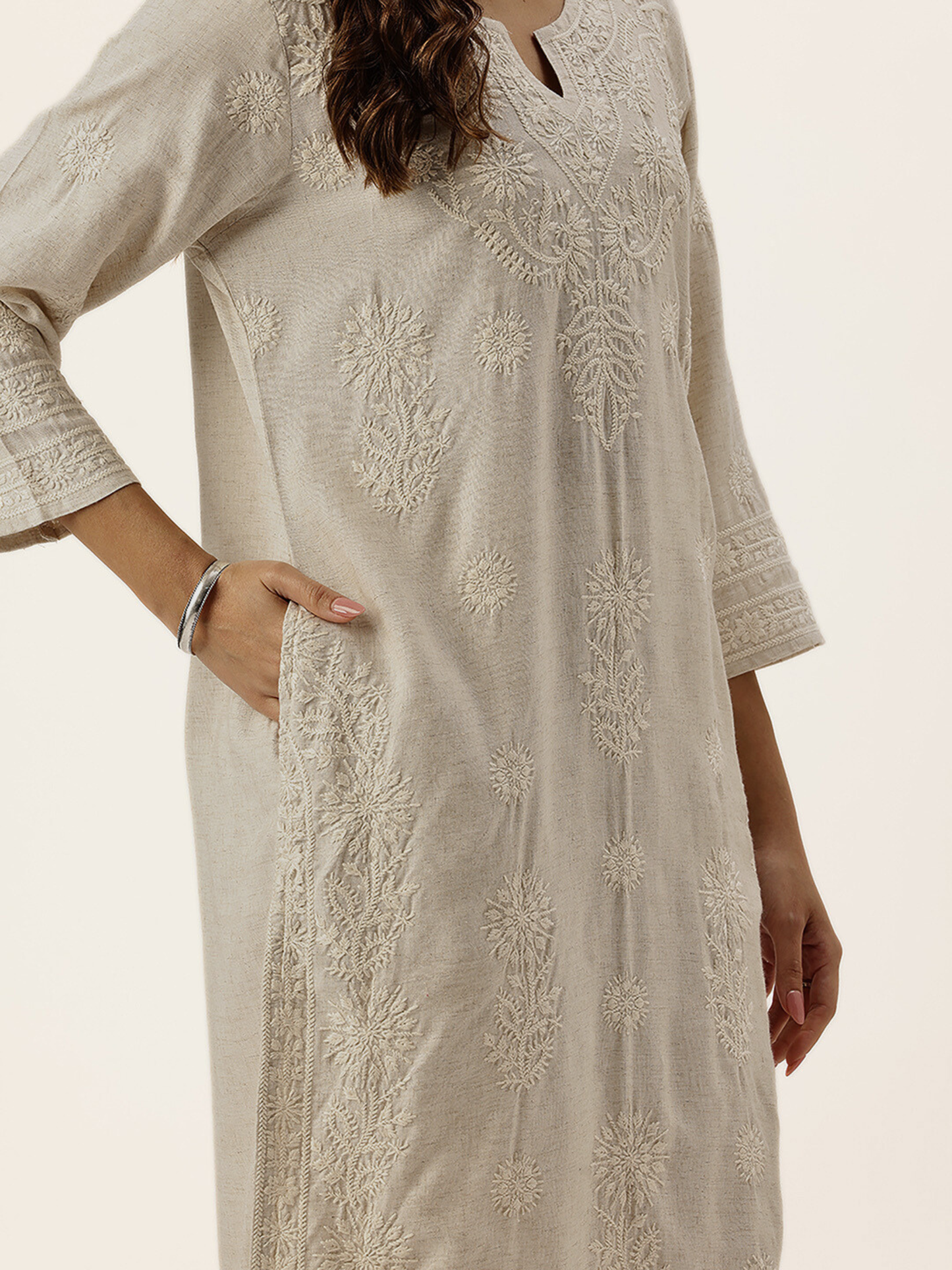 Beige Floral Embroidered Kurta
