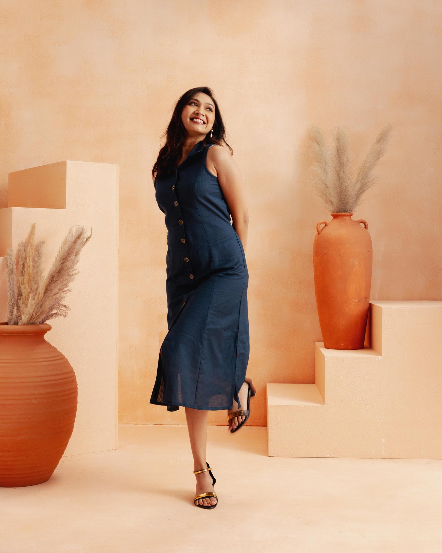 Navy Blue A-line Midi Dress