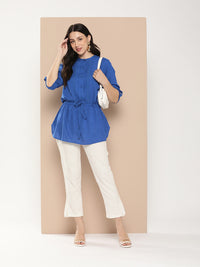Blue Viscose Rayon Mandarin Collar Tunic