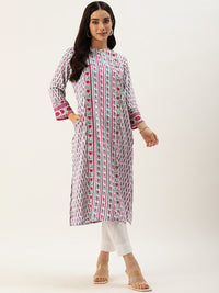 White & Pink Floral Printed Straight Kurta with a pocket