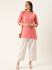 Pink & White Mandarin Collar Printed Ethnic Tunic