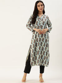 Beige & Blue Paisley Printed Straight Kurta