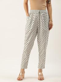 White Floral Printed Pleated Trousers