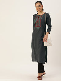 Grey Ethnic Motifs Embroidered Mirror Work Kurta