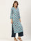 Blue & Purple Floral Printed Kurta with a pocket