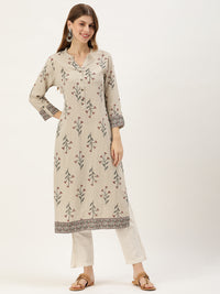 Beige Floral Printed Kurta with a pocket