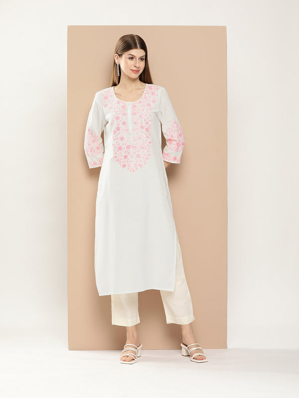 Ivory Floral Embroidered Sequinned Kurta with a pocket 