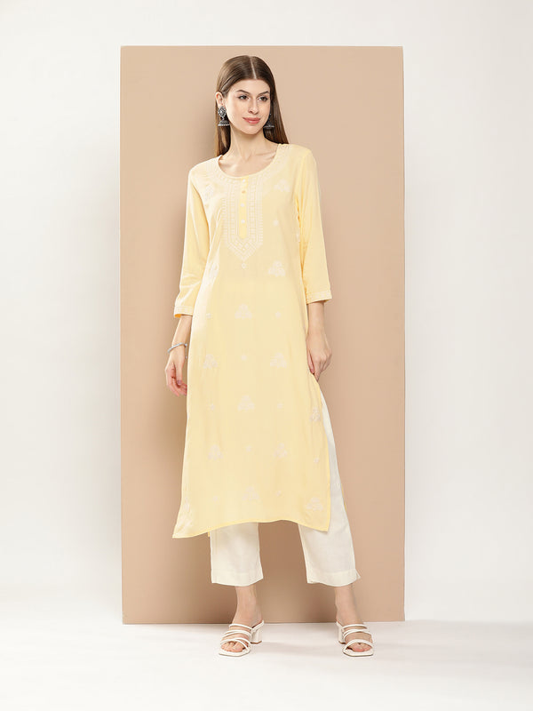 Yellow Ethnic Motifs Embroidered Thread Work Kurta with a pocket 