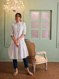 Beige & Grey Striped Band Collar Kurta