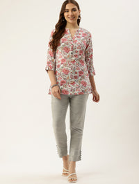 White & Pink Floral Printed Mandarin Collar Tunic