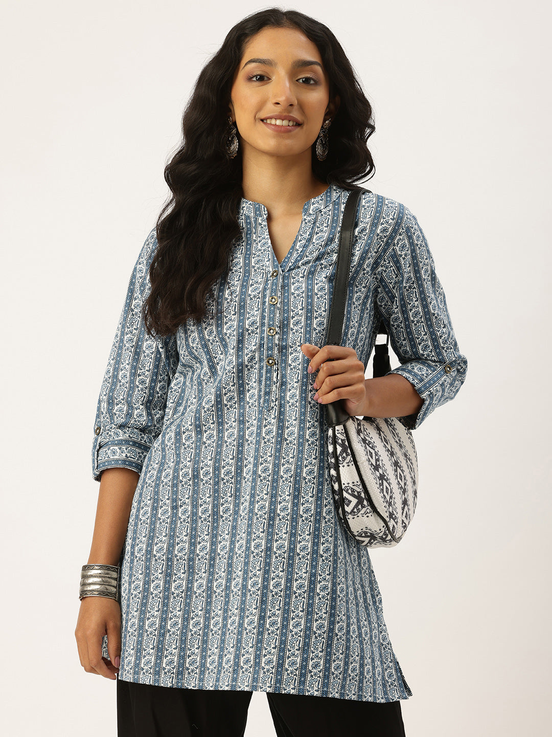 White & Blue Mandarin Collar Striped Tunic