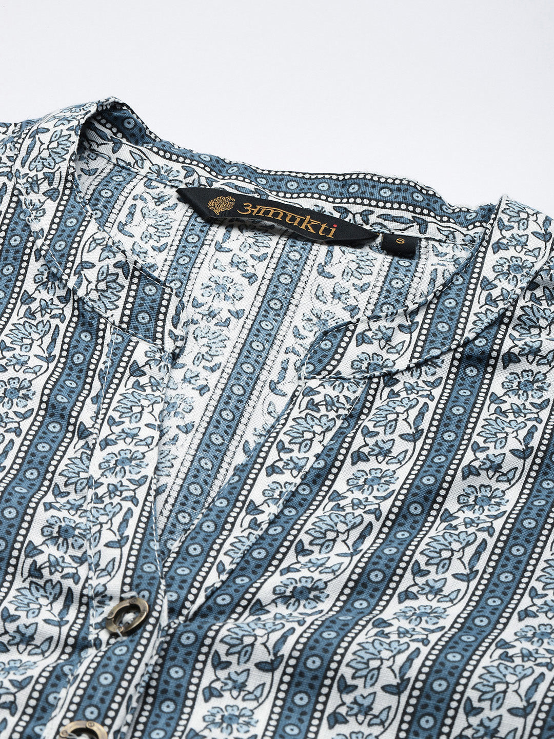 White & Blue Mandarin Collar Striped Tunic