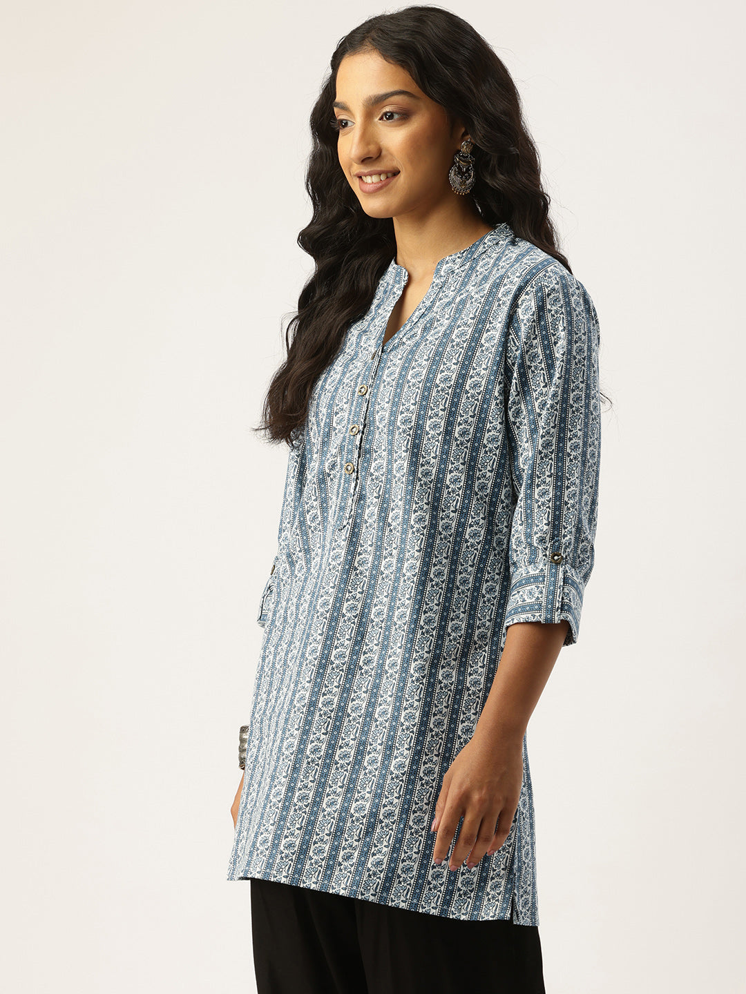 White & Blue Mandarin Collar Striped Tunic