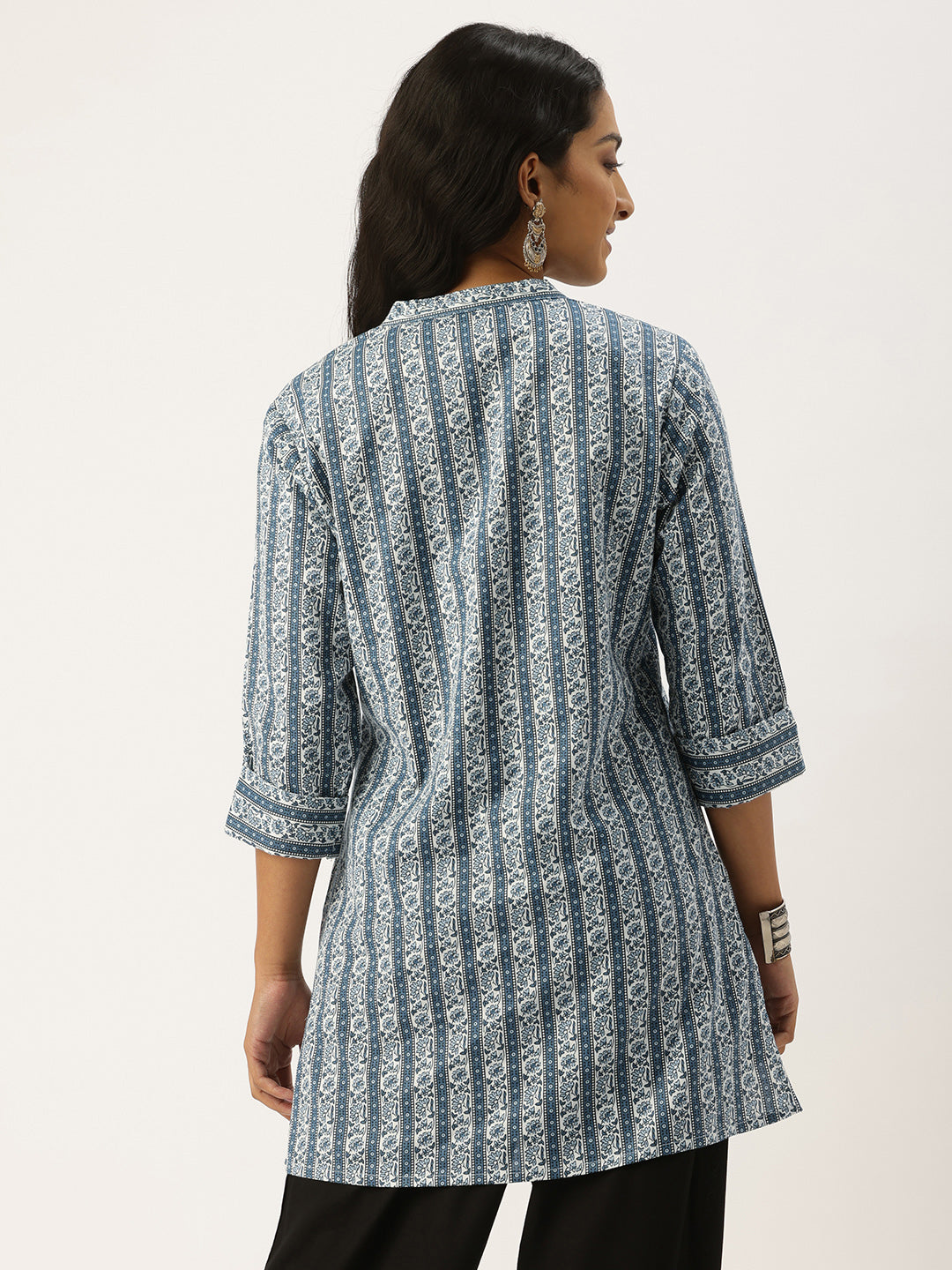 White & Blue Mandarin Collar Striped Tunic