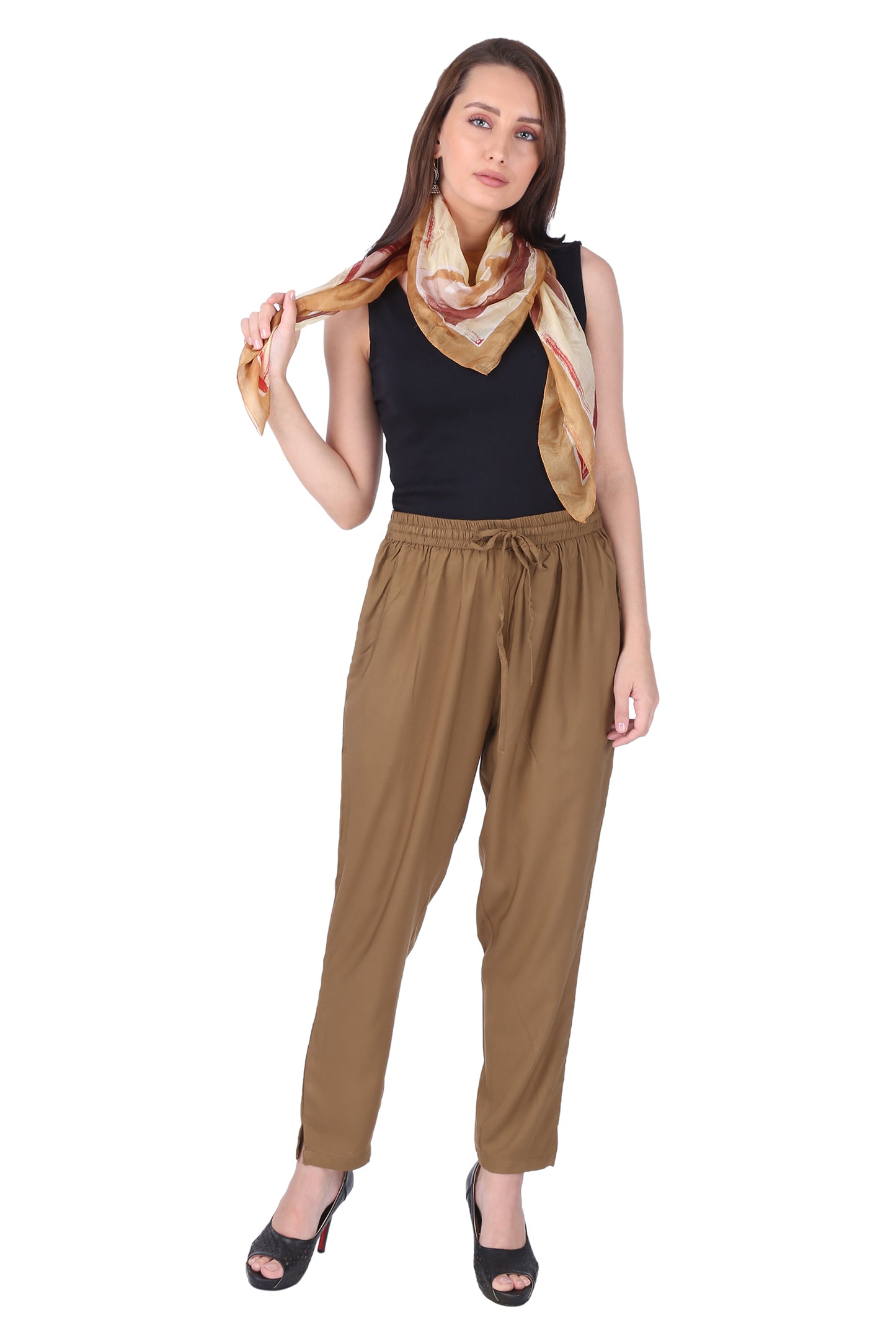 Beige Rayon Solid Pencil Pant