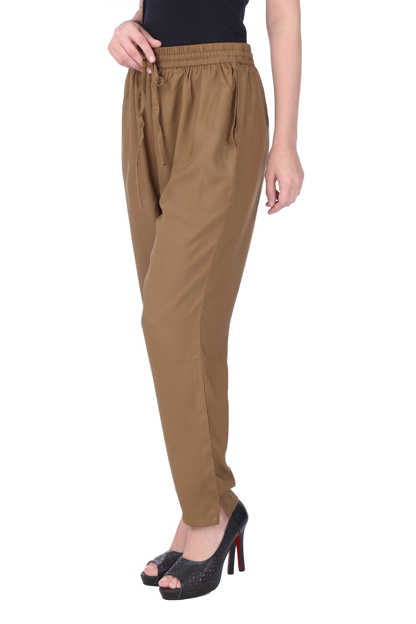 Beige Rayon Solid Pencil Pant
