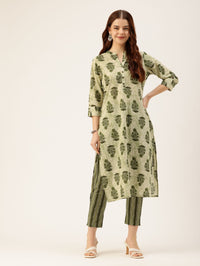 Green Floral Printed Mandarin Collar Roll-Up Sleeves Kurta