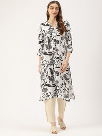 White & Black Floral Printed Kurta