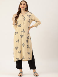Beige & Black Leaf Printed Straight Kurta