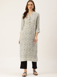 Grey & White Printed Straight Kurta