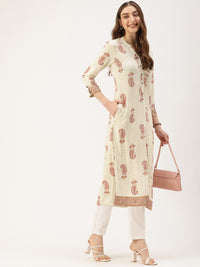 White & Pink Ethnic Motifs Printed Kurta