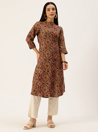 Beige Floral Printed Mandarin Collar Kurta