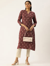 Rust Printed Mandarin Collar Roll-Up Sleeves Kurta