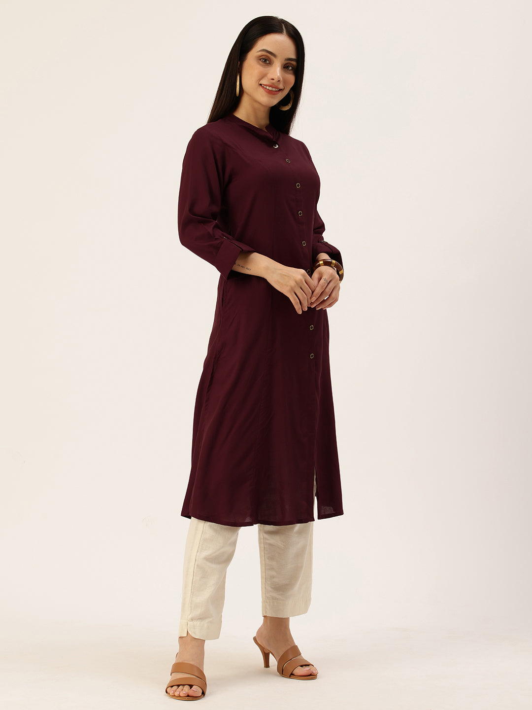 Marcella Mandarin Collar Kurta, Marcella Kurta, Mandarin Collar Kurta, Women’s Ethnic Wear, Office Wear Kurta, A-Line Kurta, Band Collar Kurta, Daily Wear Kurta, Maroon Color Kurta, Rayon Kurta
