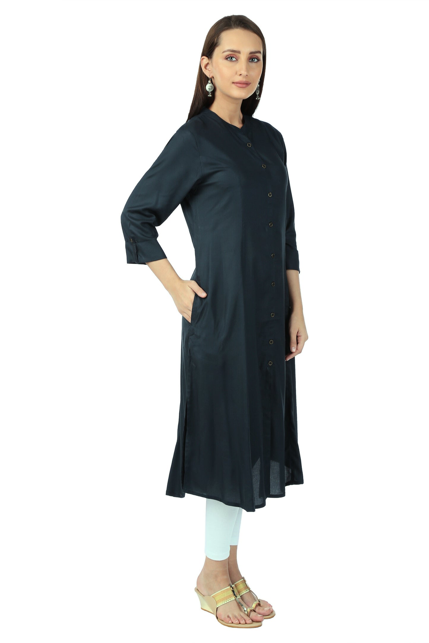 Navy Blue Mandarin Collar Kurta, Navy Blue Kurta, Mandarin Collar Kurta, Women’s Ethnic Wear, Office Wear Kurta, A-Line Kurta, Band Collar Kurta, Daily Wear Kurta, Navy Blue Color Kurta, Rayon Kurta, Blue Mandarin Collar Kurta