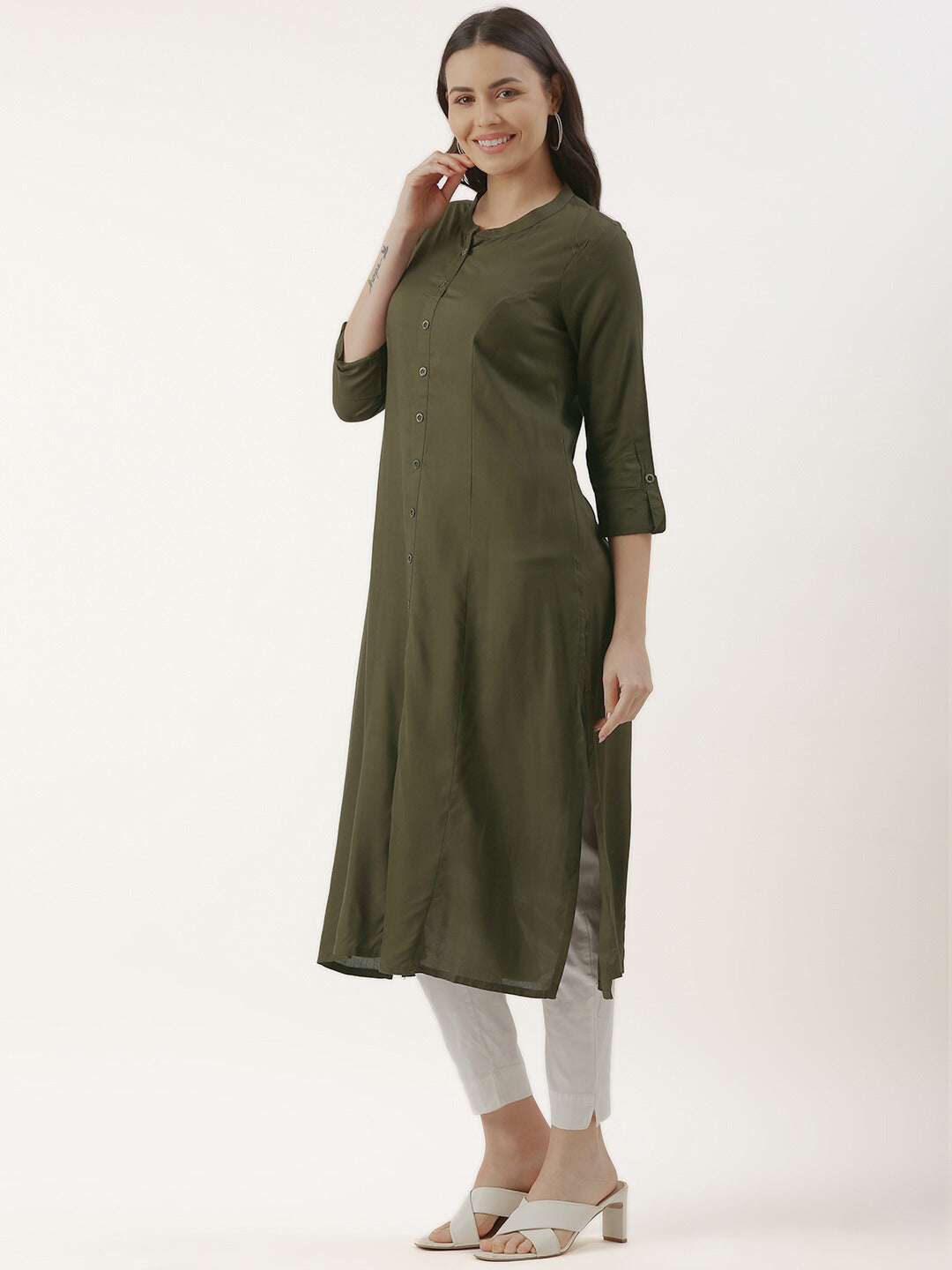 Olive Green Solid A-line Kurta, Olive Green Mandarin Collar Kurta, Olive Green Kurta, Mandarin Collar Kurta, Women’s Ethnic Wear, Office Wear Kurta, A-Line Kurta, Band Collar Kurta, Daily Wear Kurta, Olive Green Color Kurta, Rayon Kurta, Olive Green Mandarin Collar Kurta