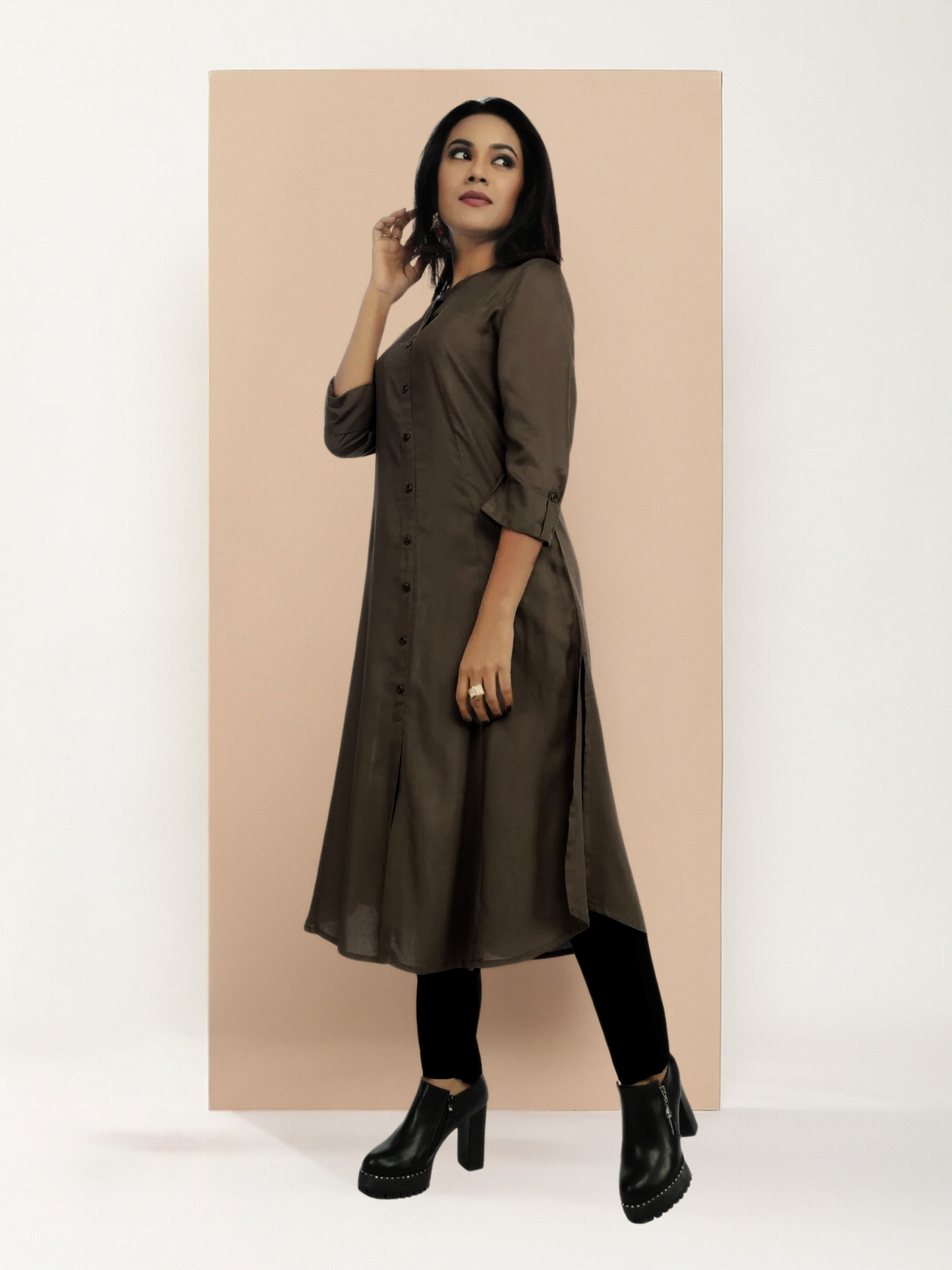 Brown Essential A-Line Kurta, Brown Solid A-line Kurta, Brown Mandarin Collar Kurta, Brown Kurta, Mandarin Collar Kurta, Women’s Ethnic Wear, Office Wear Kurta, A-Line Kurta, Band Collar Kurta, Daily Wear Kurta, Brown Color Kurta, Rayon Kurta, Brown Mandarin Collar Kurta