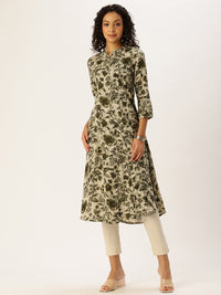 Green Floral Printed Flared Sleeves Kurta