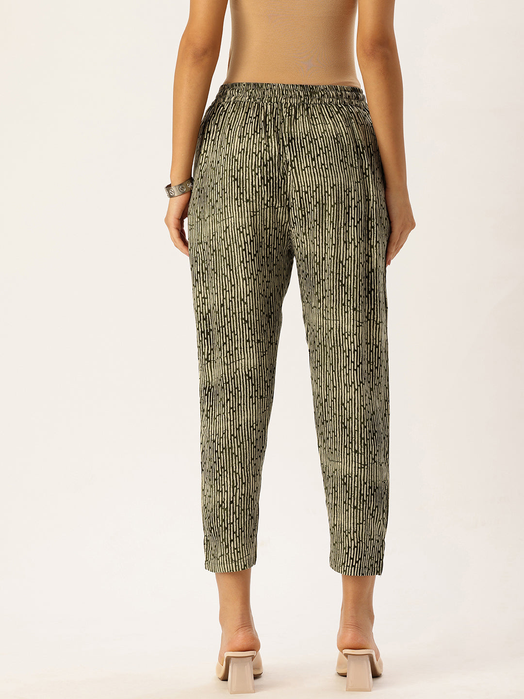 Green Striped Printed Pencil Pant, Green Pencil Pant, Striped Pencil Pant, Printed Pants for Women, Green Casual Pants