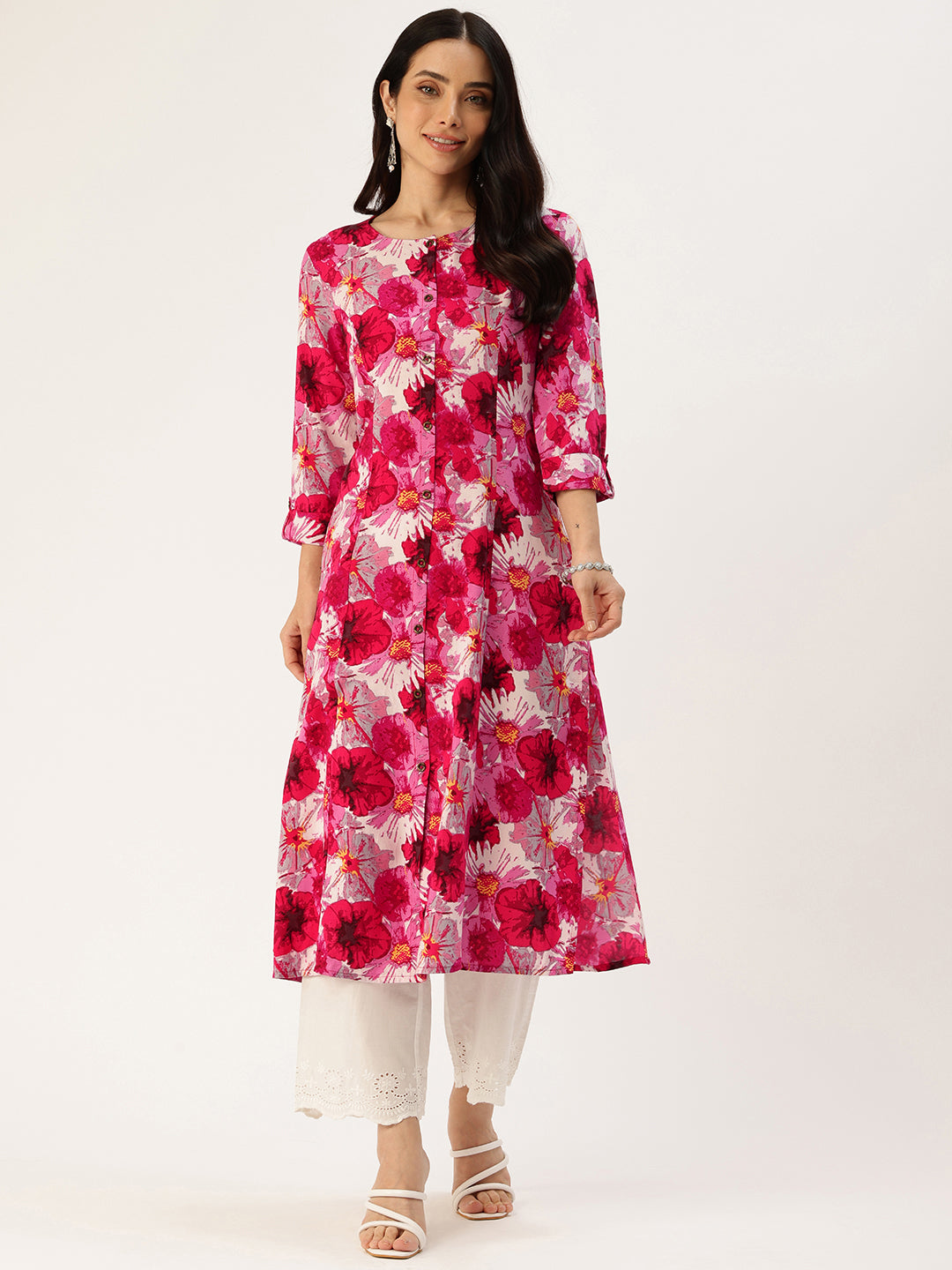 Pink Floral Printed Kurta, Pink Floral Kurta, Floral Printed Kurta, Women’s Pink Kurta, Casual Floral Kurta, Daily Wear Pink Kurta, Pink Kurta, Round Neck