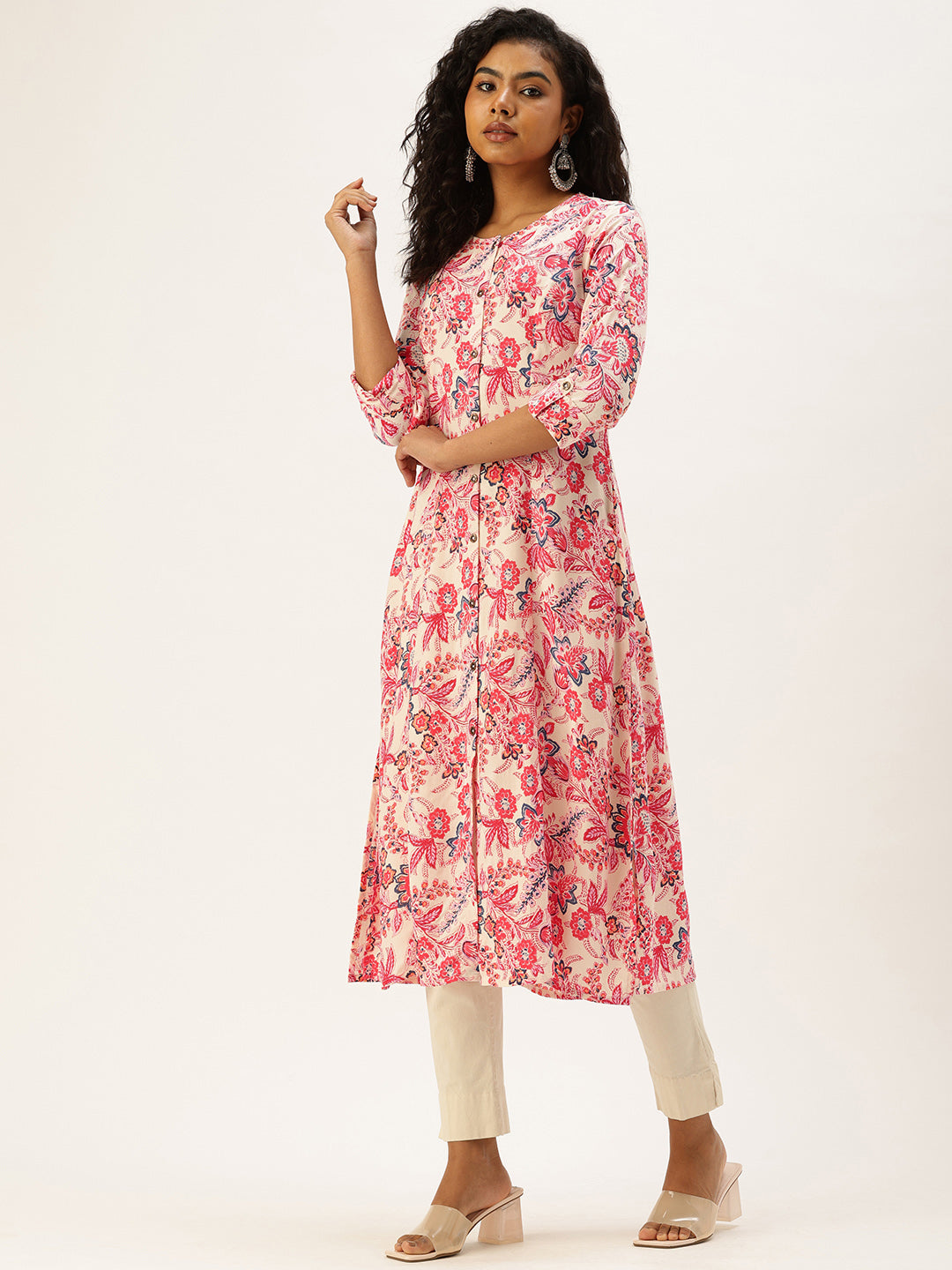 Pink Floral Printed Kurta, Floral Print, Pink Color kurta, Round Neck Kurta, Office Wear Kurta, A-Line Kurta