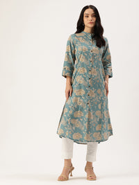 Blue & Beige Ethnic Motifs Printed Pure A Line Kurta