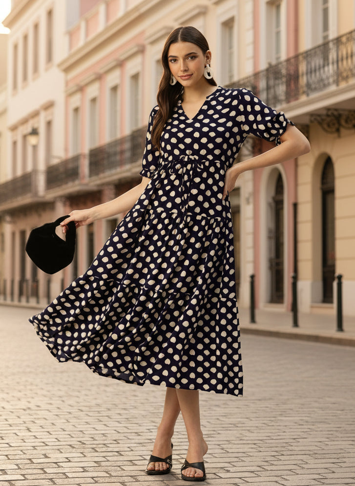 Blue Polka Dot Printed Waist Tie-Up Fit Flare Midi Dress