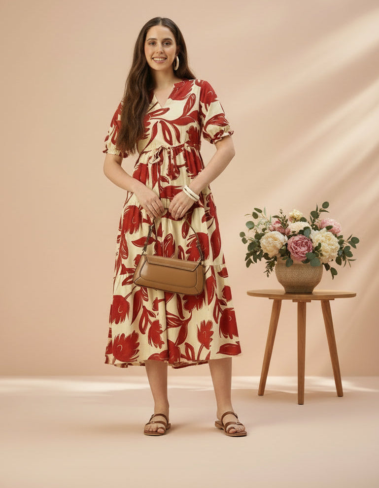 Red Floral Printed Puff Sleeves Midi Dress Amukti - The Women's Ethnic Fashion Store Red Floral Printed Puff Sleeves Midi Dress Amukti - The Women's Ethnic Fashion Store