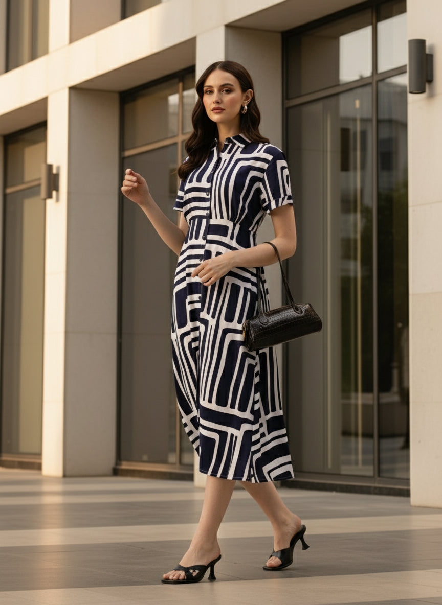 Blue Abstract Printed Shirt Midi Dress Amukti - The Women's Ethnic Fashion Store Blue Abstract Printed Shirt Midi Dress Amukti - The Women's Ethnic Fashion Store