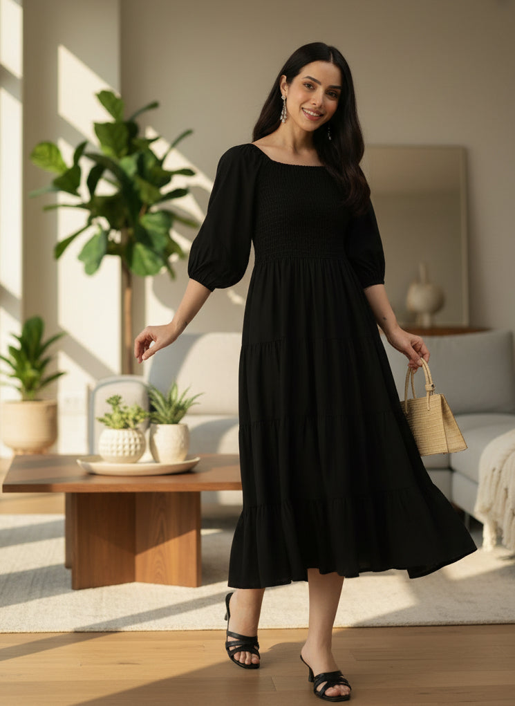 black dress in store Black Solid Cuffed Sleeves Dress – Amukti