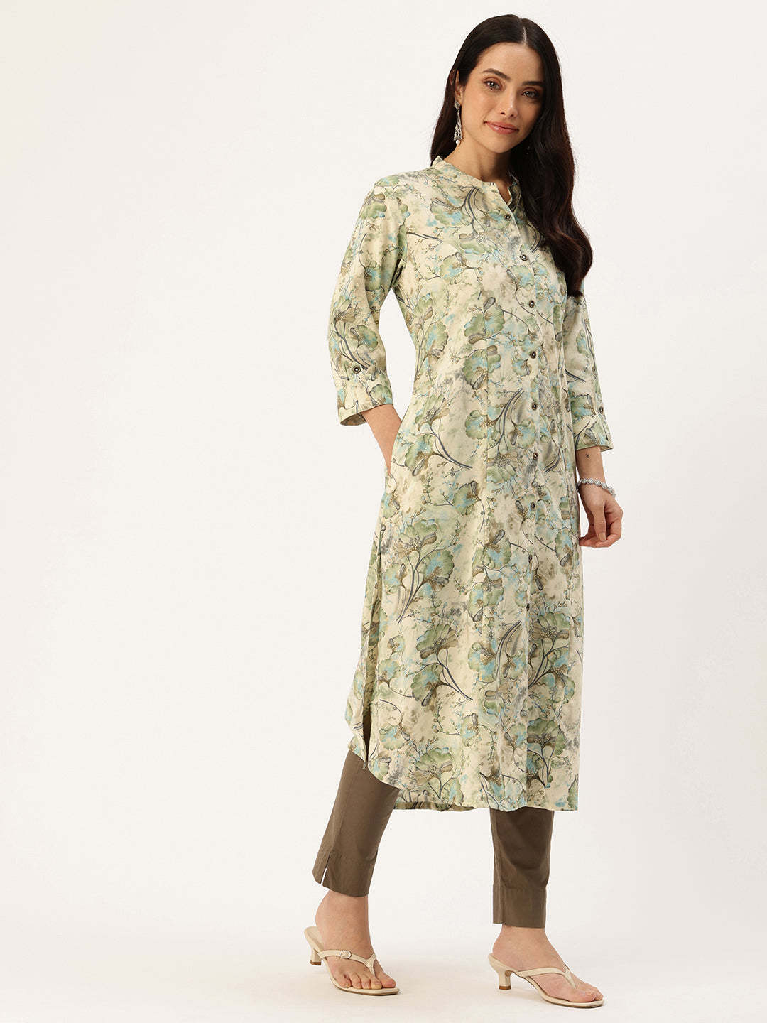 Off White & Olive Green Floral Printed Band Collar Kurta