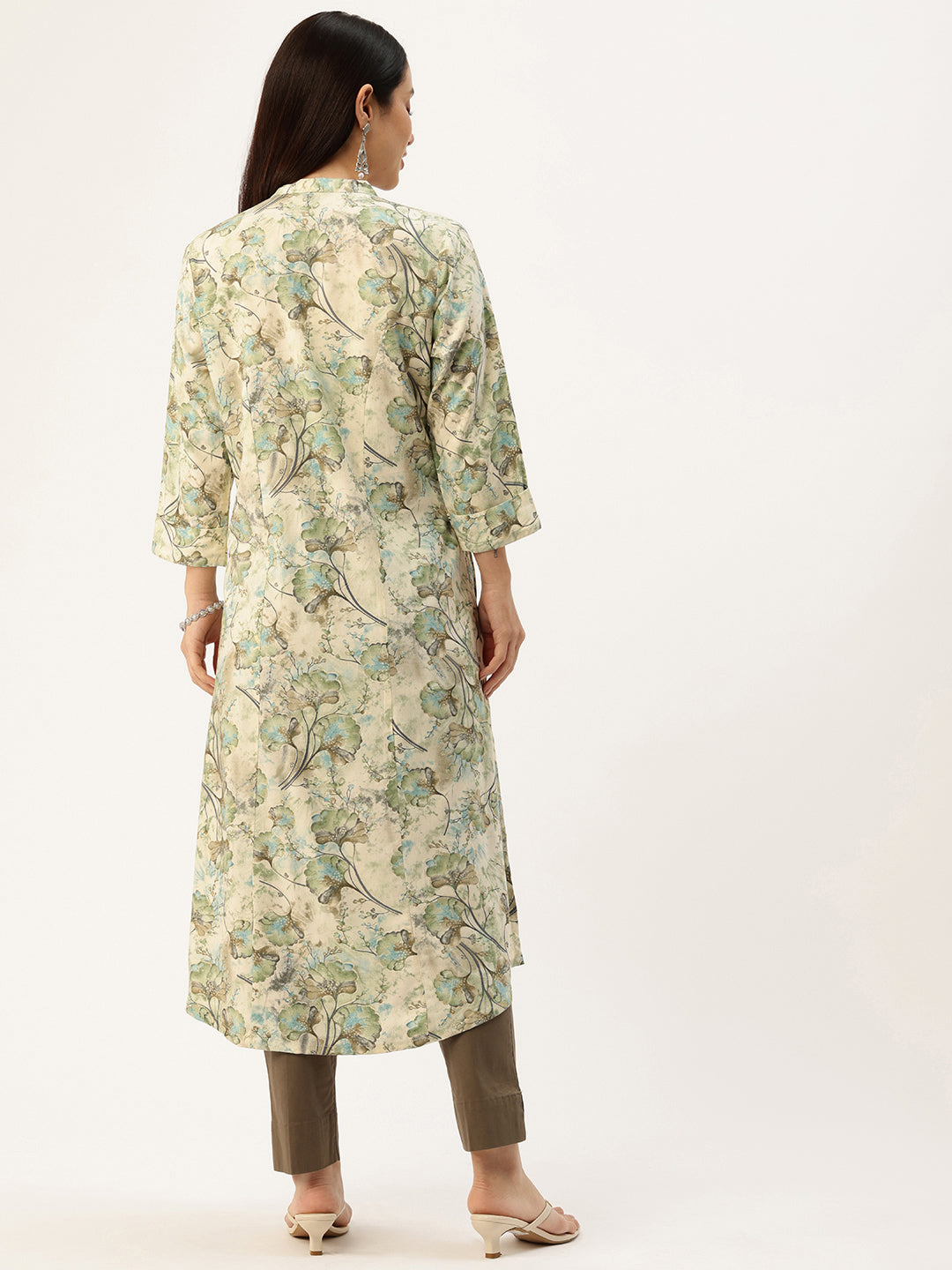 Off White & Olive Green Floral Printed Band Collar Kurta