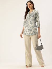 White Floral Printed Mandarin Collar Tunic