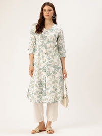 White & Beige Floral Printed Linen Kurta
