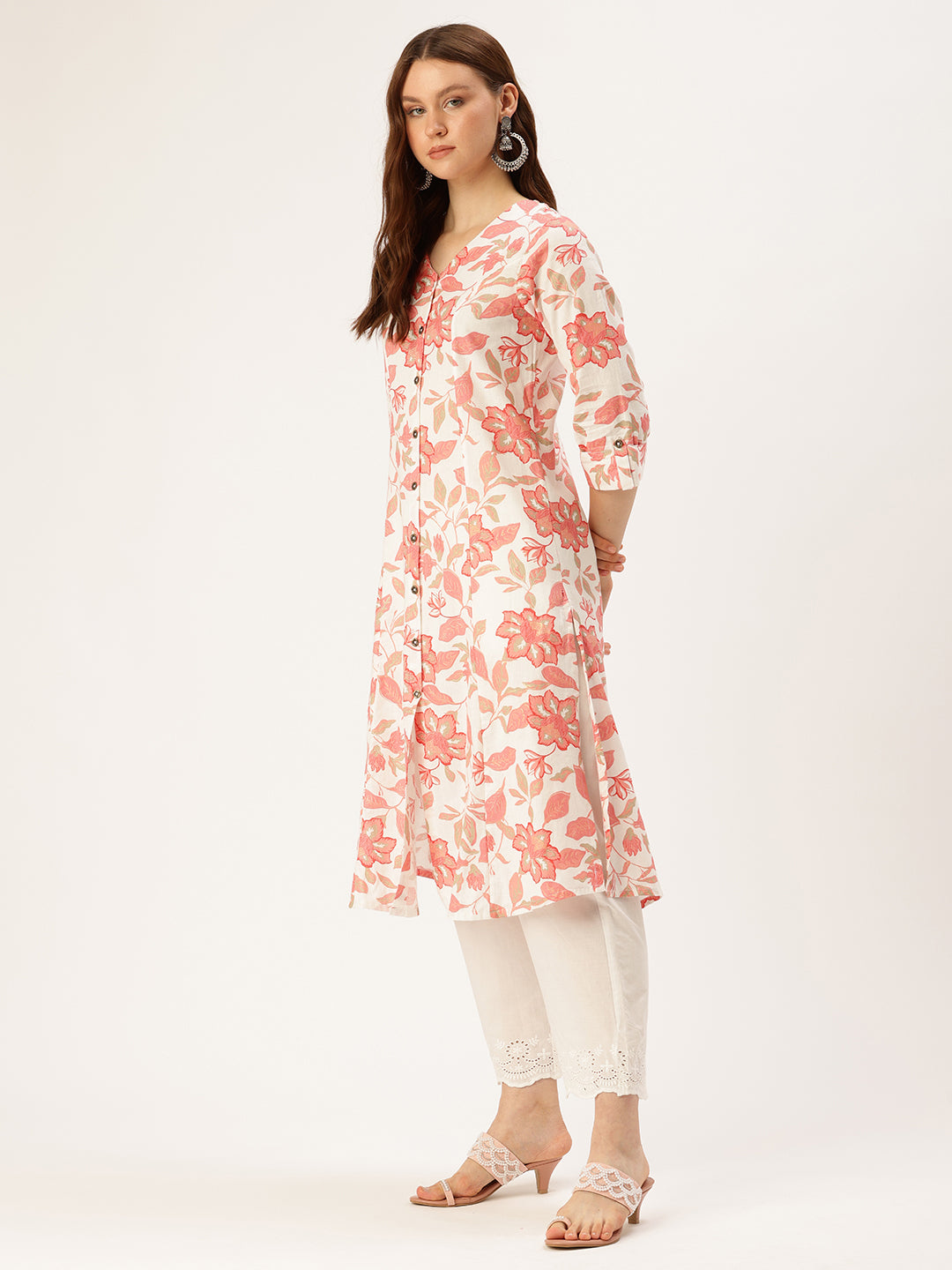 White & Pink Floral Printed Linen Kurta, Princess Cur Kurta, A-Line Kurta, Floral Print, Mandarin Collar kurta, printed kurta