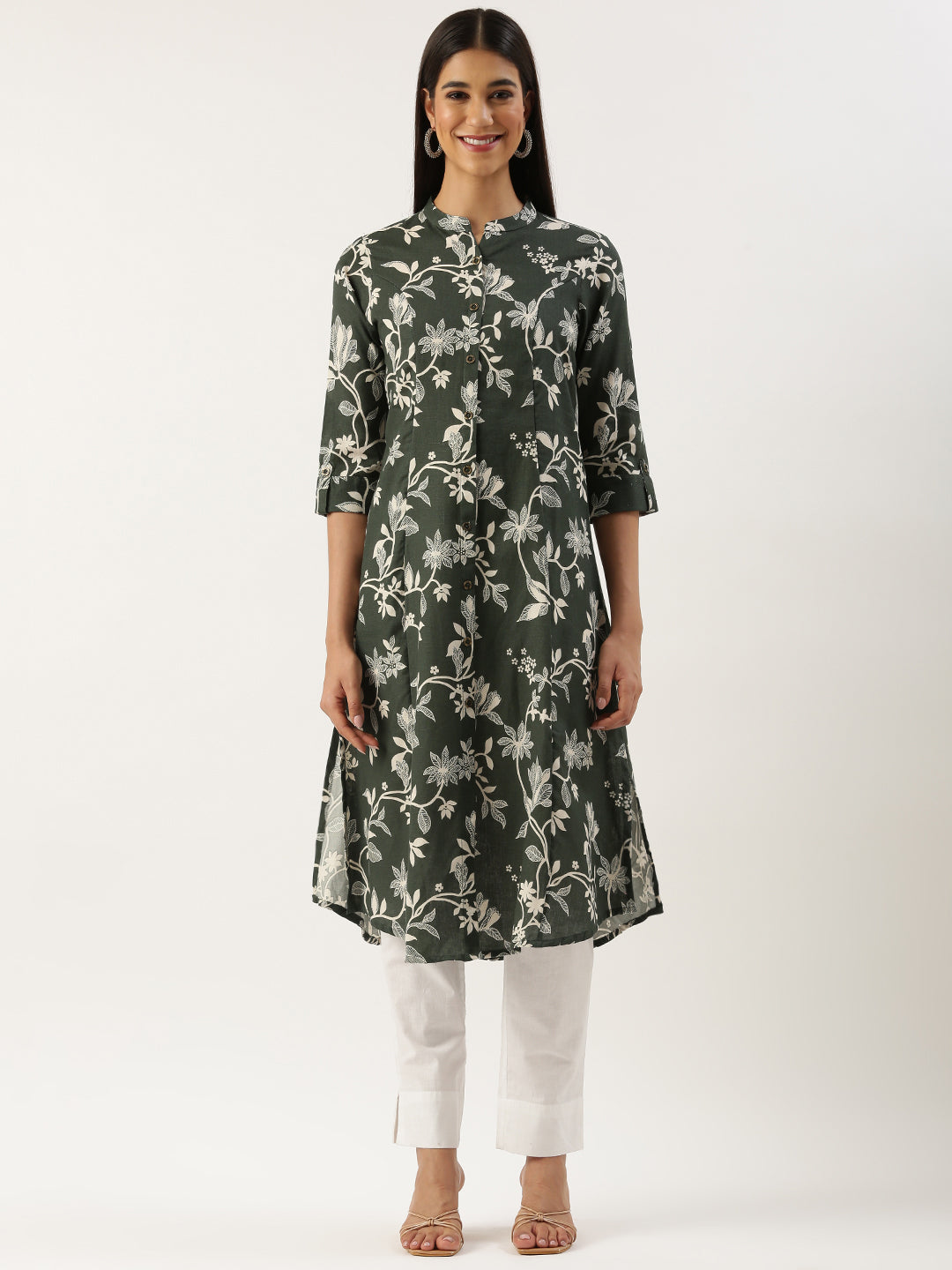 Olive Green Floral Printed Linen Kurta, Princess Cur Kurta, A-Line Kurta, Floral Print, Mandarin Collar kurta, printed kurta