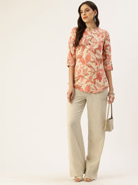 White & Pink Leaf Printed Mandarin Collar Tunic