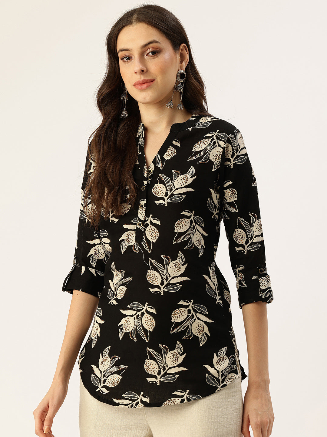 Black Leaf Printed Mandarin Collar Tunic, Floral Printed Tunic, printed tunic, mandarin collar Tunic, casual wear Tunic, women’s tunic, Office Wear Tunic