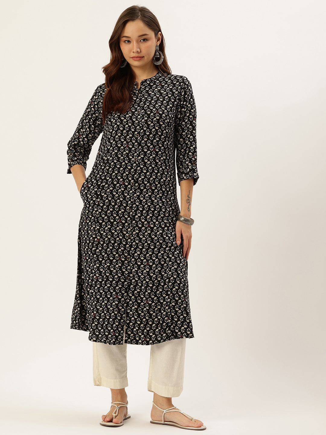 Black Floral Printed Kurta, Princess Cur Kurta, A-Line Kurta, Floral Print, Mandarin Collar kurta, printed kurta