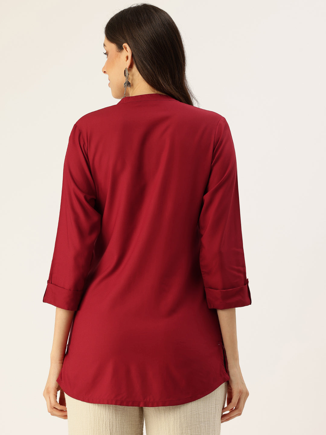 Red Mandarin Collar Tunic, mandarin collar Tunic, casual wear Tunic, women’s tunic, Office Wear Tunic